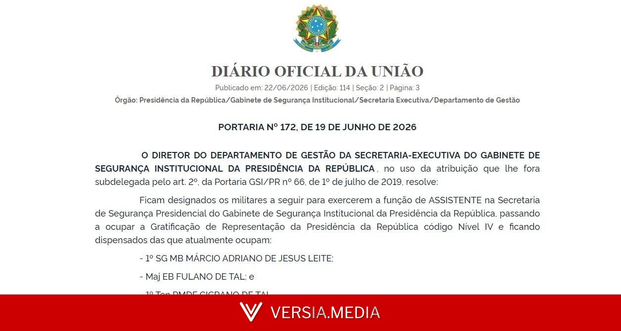 Portaria de órgão do GSI designa major 'Fulano de Tal' e tenente 'Cicrano de Tal' como assistentes na Segurança Presidencial